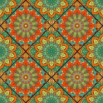 Boho tile flower squares orange green Illustrazione stock