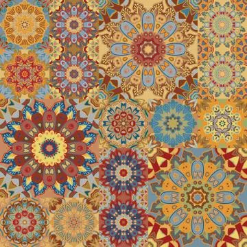 Boho tile set and seamless pattern. Brown patchwork for fabric print, wallpaper Stock Illustration