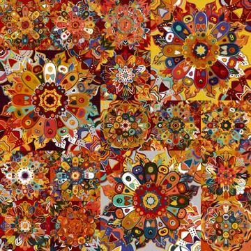 Boho tile set and seamless pattern. Extravaganza of color patchwork for fabric 스톡 일러스트