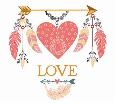 Boho tribal style elements with arrows, feathers and heart Illustrazione stock