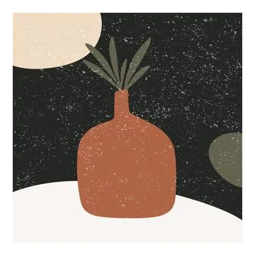 Boho Vase Wall Art, Vector Illustration. Abstract Terracotta Vase with Leaves Stock Illustration