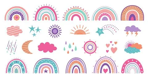 Boho weather elements, rainbow and clouds. Colorful cartoon rainbows, decorative 스톡 일러스트