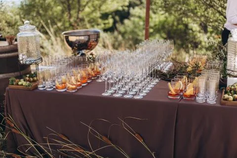 Boho wedding table with eco decor for guests. Stock Photos