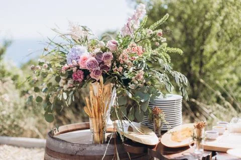 Boho wedding table with eco decor for guests. Stock Photos
