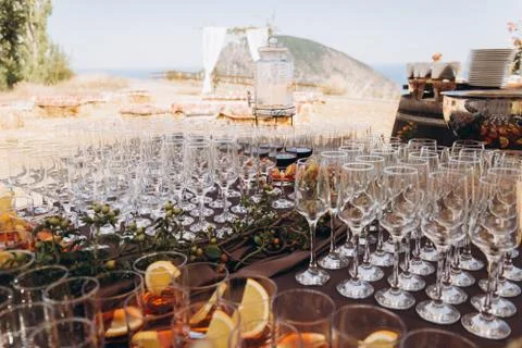 Boho wedding table with eco decor for guests. Stock Photos