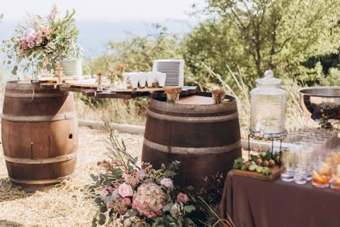 Boho wedding table with eco decor for guests. Foto stock