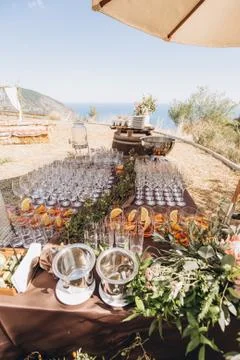 Boho wedding table with eco decor for guests. Stock Photos