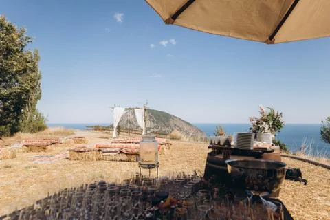 Boho wedding table with eco decor for guests. Stock Photos