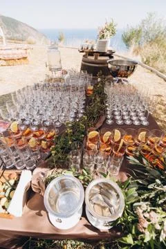 Boho wedding table with eco decor for guests. Stock Photos