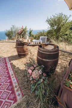 Boho wedding table with eco decor for guests. Stock Photos