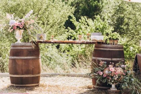 Boho wedding table with eco decor for guests. Stock Photos