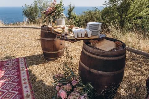 Boho wedding table with eco decor for guests. Foto stock
