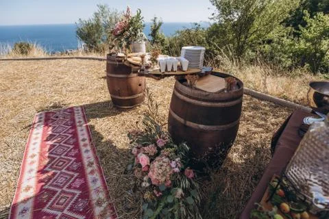 Boho wedding table with eco decor for guests. Foto stock