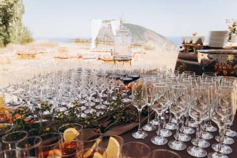 Boho wedding table with eco decor for guests. Stock Photos