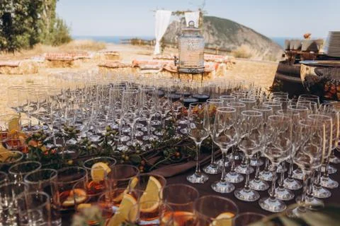 Boho wedding table with eco decor for guests. Stock Photos