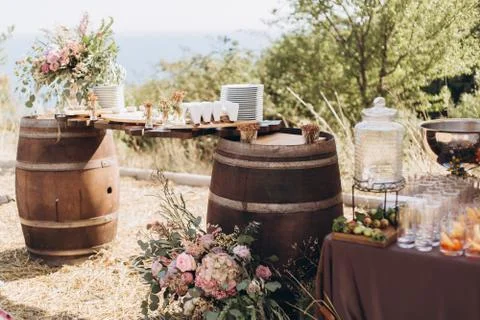 Boho wedding table with eco decor for guests. Stock Photos
