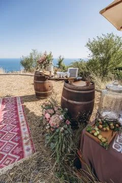 Boho wedding table with eco decor for guests. Stock Photos