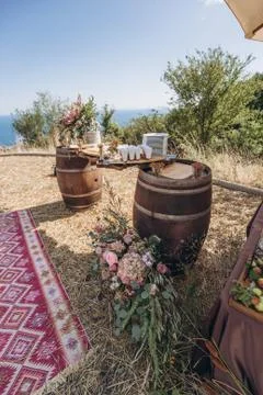 Boho wedding table with eco decor for guests. Stock Photos