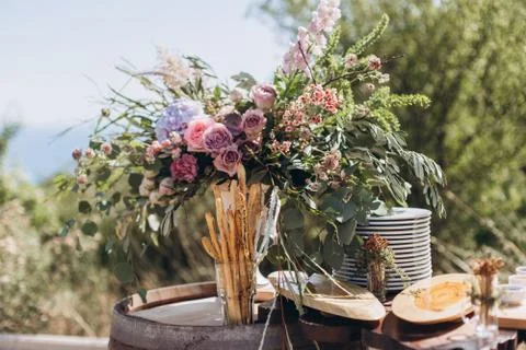 Boho wedding table with eco decor for guests. Stock Photos