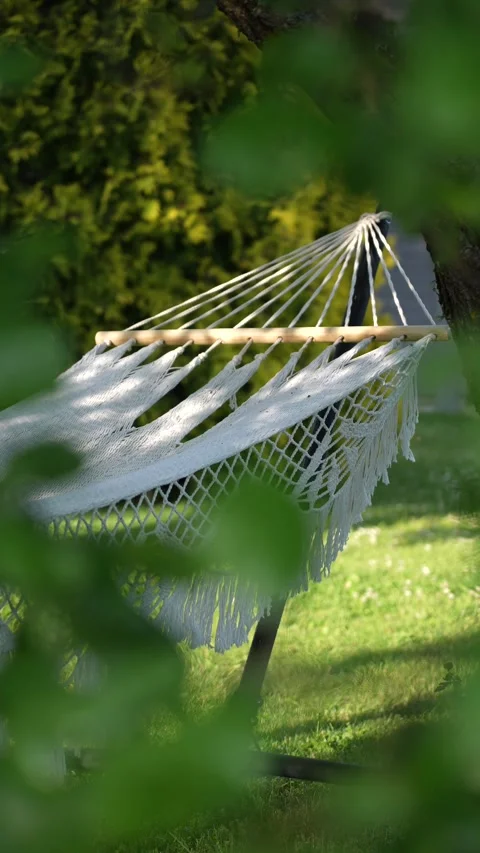 Boho white hammock under green apple tree Stock Footage 317820339