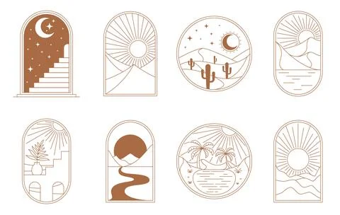 Boho window and desert icons, sun, moon and stars Illustrazione stock