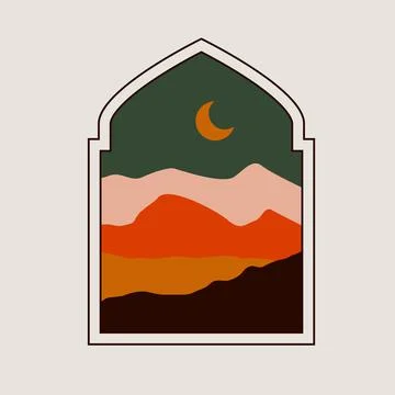 Boho window mountain landscape. Modern islamic arch moon crescent oriental Stock Illustration