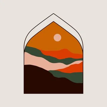 Boho window mountain landscape. Modern minimal islamic arch moon oriental Illustrazione stock