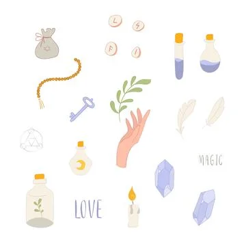 Boho Witch and Magic Collection with hand, crystal and symbols Stock Illustration