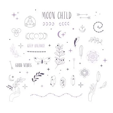 Boho Witch and Magic Collection with hand, crystal and symbols Stock Illustration