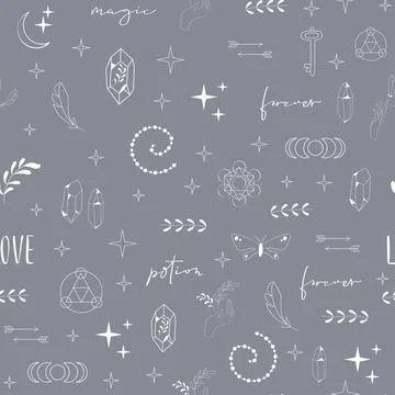 Boho Witch and Magic pattern with hand, crystal and symbols イラスト素材