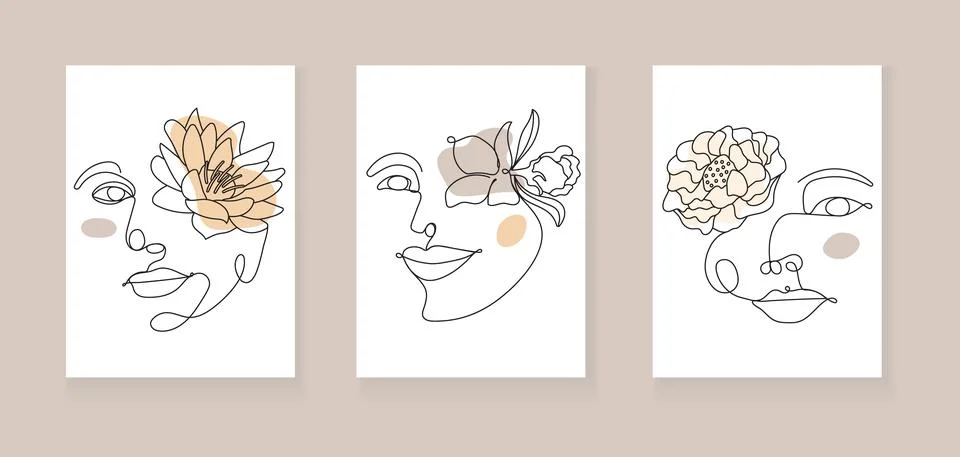 Boho women face vector set. Surreal portrait, girl face with lotus, chrysanth Stock Illustration