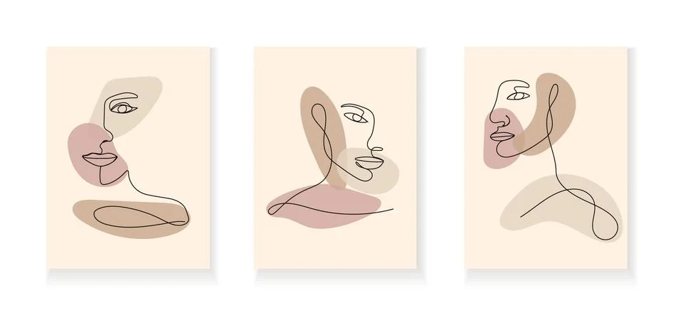 Boho women faces, abstract pattern vector. Surreal portrait, Girl face in lin Stock Illustration
