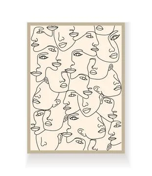 Boho women faces, abstract pattern vector. Surreal portrait, Girl face in lin Illustrazione stock