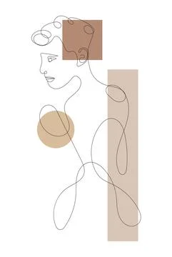 Boho women's face on abstract wall art vector. Surreal portrait, girl face an Stock Illustration