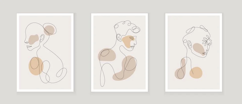 Boho women's face on abstract wall art vector. Surreal portrait, girl face an Stock Illustration