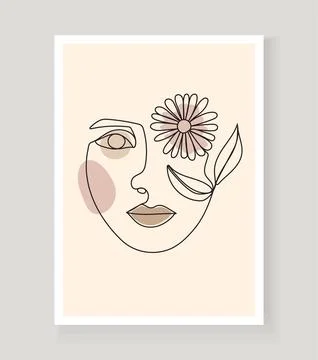 Boho women's faces on abstract wall art vector. Surreal portrait, Girl face i Stock Illustration