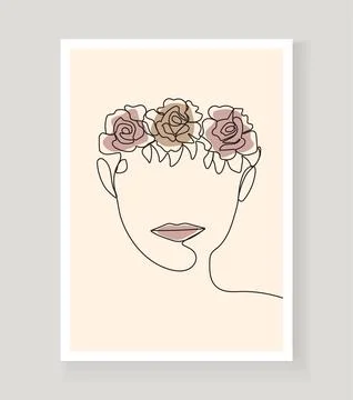 Boho women's faces on abstract wall art vector. Surreal portrait, Girl face i Illustrazione stock