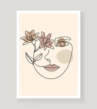 Boho women's faces on abstract wall art vector. Surreal portrait, Girl face i 스톡 일러스트