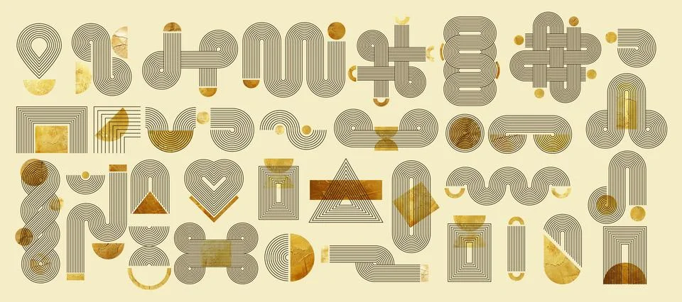 Boho zen arch lines. Abstract geometric shapes with gold texture. Vector il.. Stock Illustration
