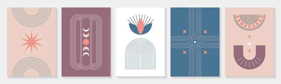 Boho zen arch posters with abstract linear geometric shapes and simple figures Illustrazione stock