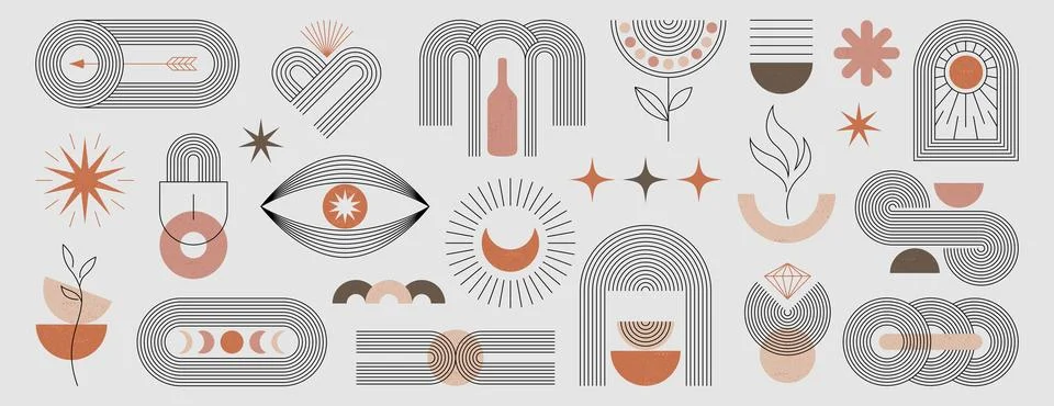 Boho zen arch set with simple figures, linear elements in trendy bohemian style Illustrazione stock