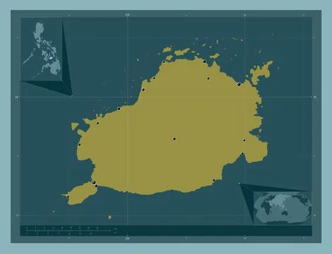 Bohol, Philippines. Solid color shape. Locations of major cities of the regio Stock Illustration