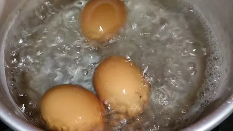 Boil chicken eggs in a pan with boiling water Stock Footage 301419858