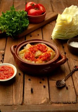 Boiled cabbage with tomato sauce Stock Photos