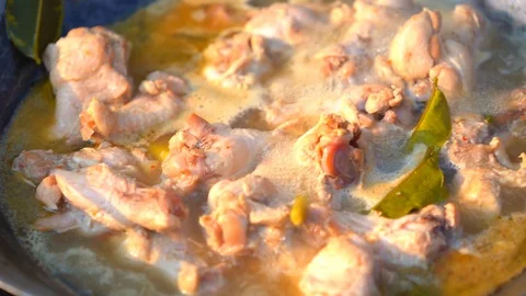 Boiled chicken soup in pan and cooking in camping in forest on hill 스톡 동영상 116269626