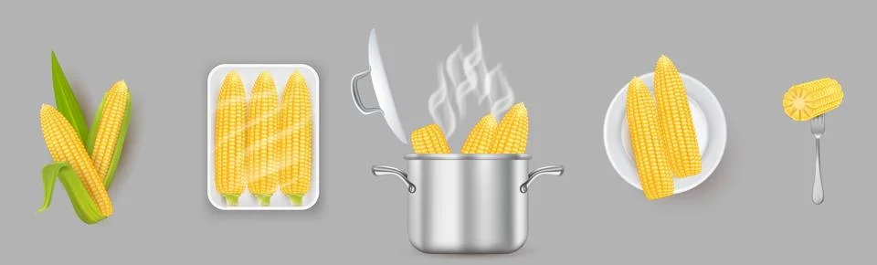 Boiled corn cooking realistic vector illustration set Stock Illustration