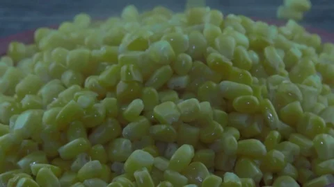 Boiled corn grains fall on a plate 스톡 동영상 82852803