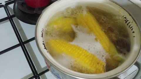 Boiled corn in hot water 스톡 동영상 134345001