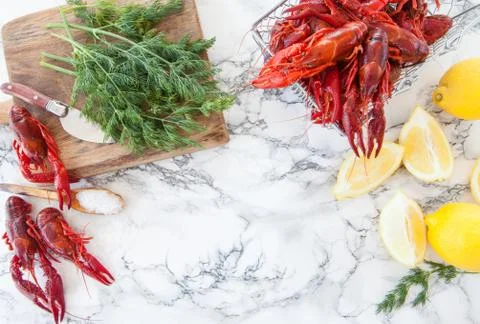 Boiled crawfish with dill Stock Photos