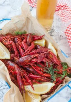 Boiled crawfish with dill Stock Photos